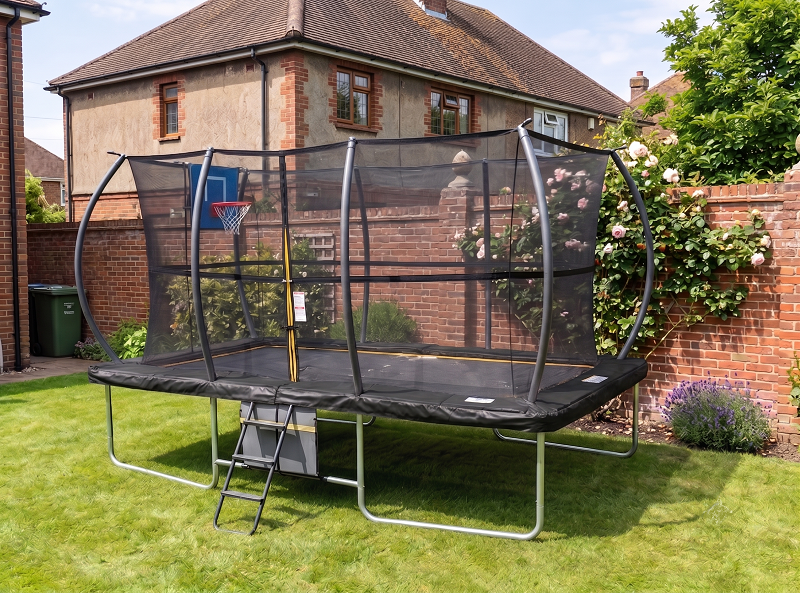 Big Air Super Bounce 8x12ft Rectangular Trampoline with Safety Enclosure Black - Free Ladder Shoe Tidy Anchor Kit Basketball