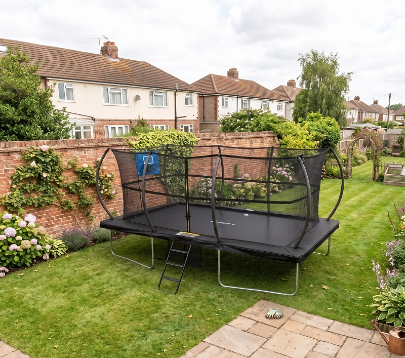 Big Air Super Bounce 9x14ft Rectangular Trampoline with Safety Enclosure Black - Free Ladder Shoe Tidy Anchor Kit Basketball