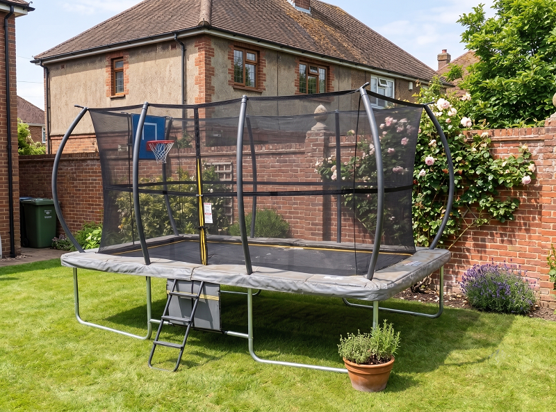 Big Air Super Bounce 7x10ft Rectangular Trampoline with Safety Enclosure Grey - Free Ladder Shoe Tidy Anchor Kit Basketball Game