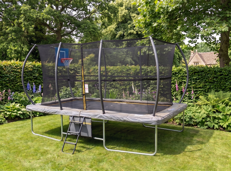 Big Air Super Bounce 8x12ft Rectangular Trampoline with Safety Enclosure Grey - Free Ladder Shoe Tidy Anchor Kit Basketball