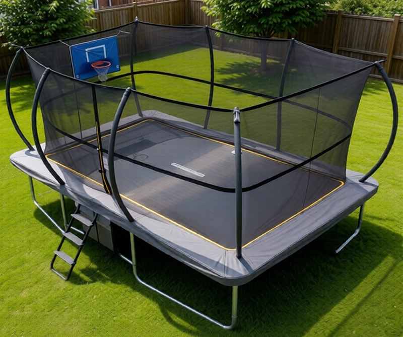 Big Air Super Bounce 7x10ft Rectangular Trampoline with Safety Enclosure Grey - Free Ladder Shoe Tidy Anchor Kit Basketball Game - Image 4
