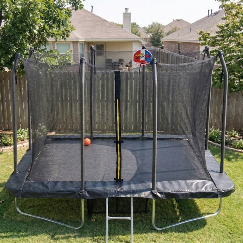 6x9ft Rectangular Trampoline with Safety Enclosure Black FREE Ladder Basketball Game & Shoe Tidy