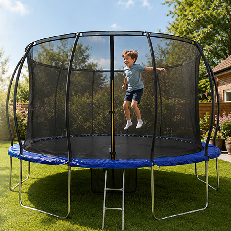 Air League 16ft Trampoline & Enclosure Free Shoe Tidy & Ladder – Blue