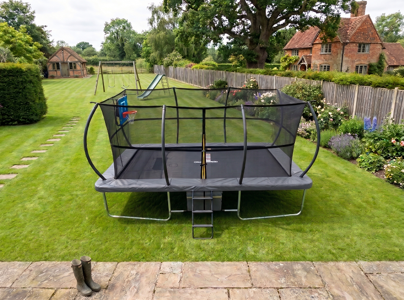 Big Air Super Bounce 10x17ft Rectangular Trampoline with Safety Enclosure Grey - Free Ladder Shoe Tidy Anchor Kit Basketball