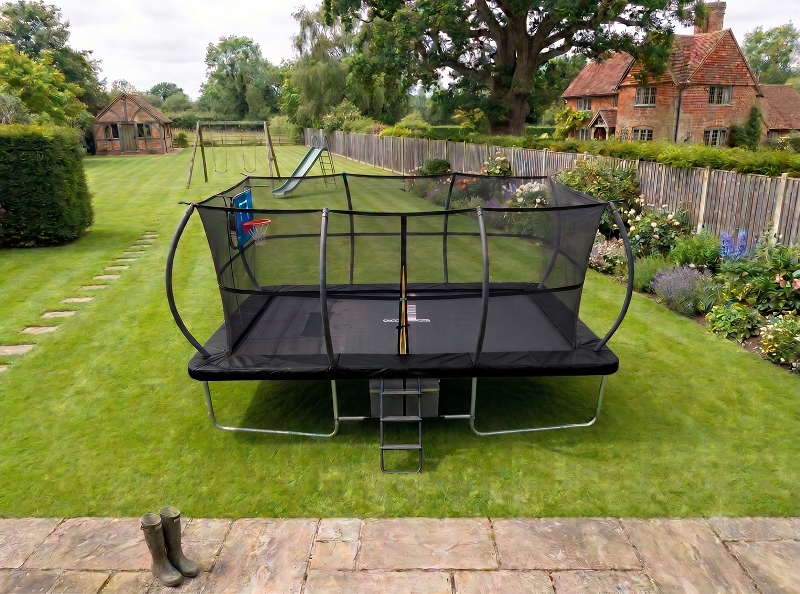 Big Air Super Bounce 10x17ft Rectangular Trampoline with Safety Enclosure Black - Free Ladder Shoe Tidy Anchor Kit Basketball