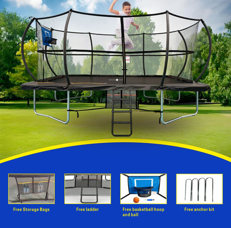10x15ft Rectangular Trampoline with Safety Enclosure Black - Free Ladder Shoe Tidy Anchor Kit Basketball
