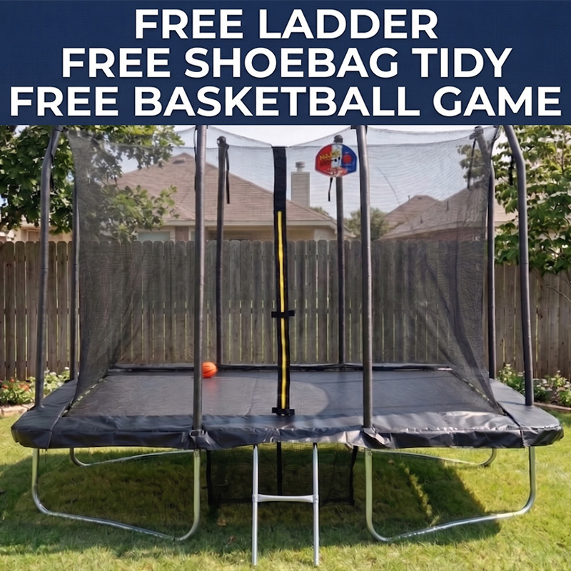 Big Air 5x7ft Rectangular Trampoline with Safety Enclosure FREE Ladder Basketball Game & Shoe Tidy