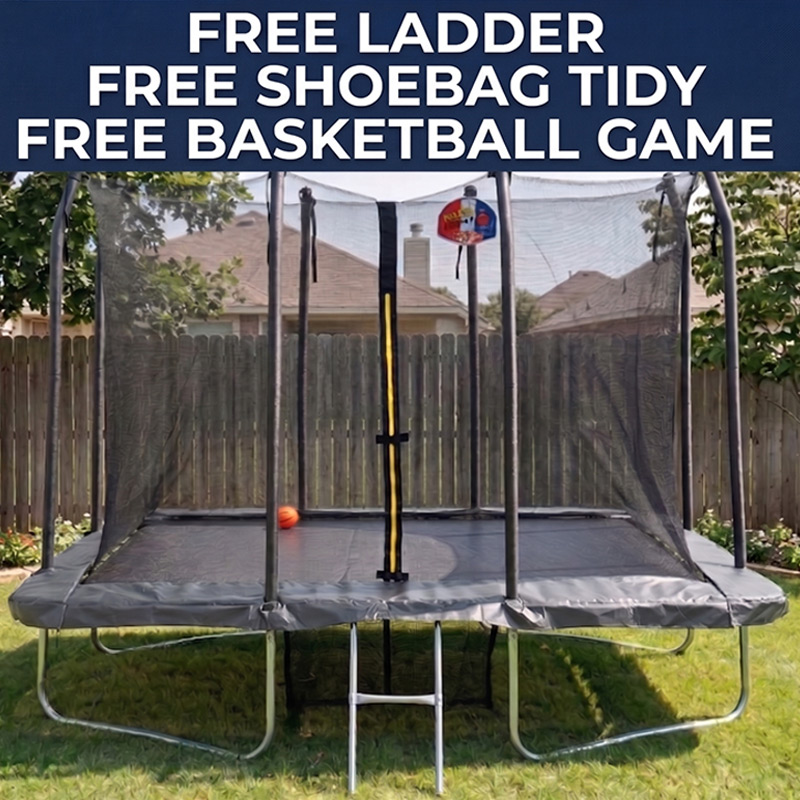 6x8ft Rectangular Trampoline with Safety Enclosure FREE Ladder Basketball Game & Shoe Tidy
