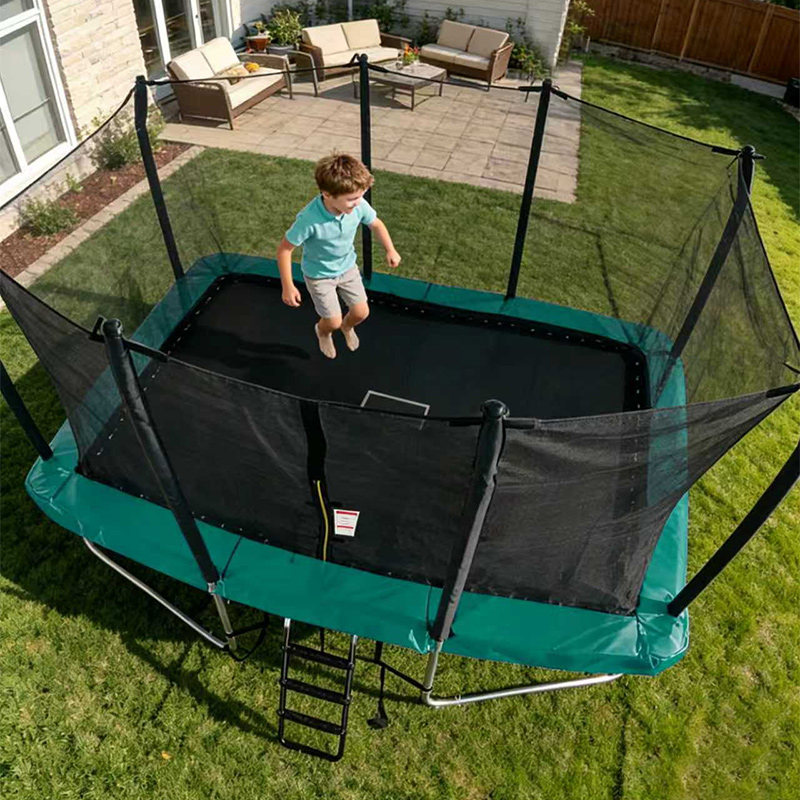 9x14ft Rectangular Trampoline with Safety Enclosure Green – Free Ladder & Shoe Tidy