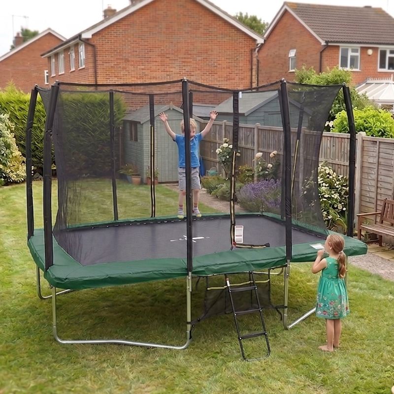 9x14ft Rectangular Trampoline with Safety Enclosure Green – Free Ladder & Shoe Tidy