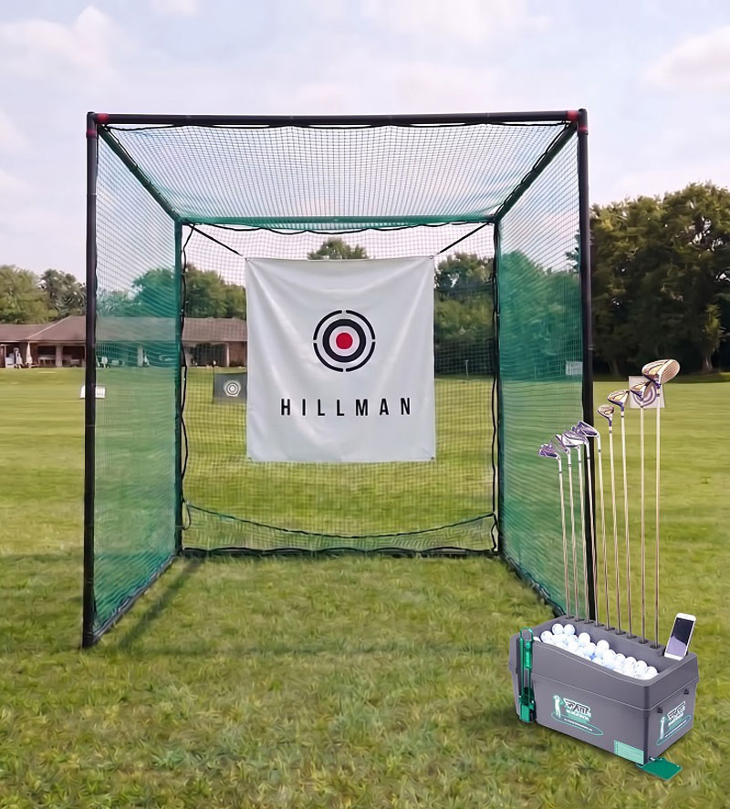 Hillman 2.5m Powder Coated Golf Practice Cage and Ball Dispenser Package