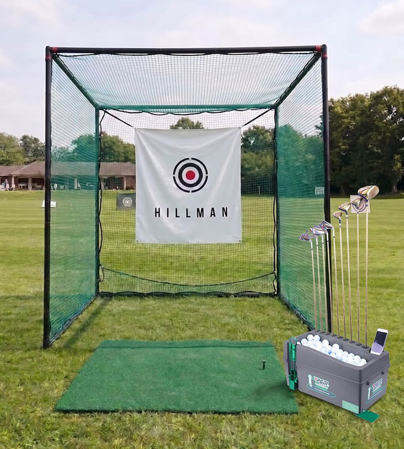 Hillman 2.5m Powder Coated Golf Practice Cage Hitting Mat with Tee and Ball Dispenser Package